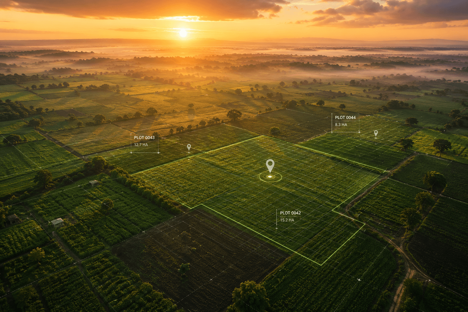 Aerial view of farmland with AgroLease plot-boundary overlays