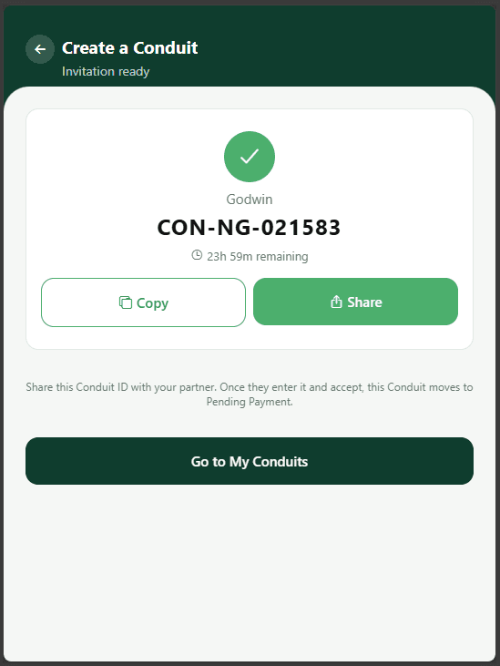 A real Conduit ID generated and ready to share: CON-NG-021583