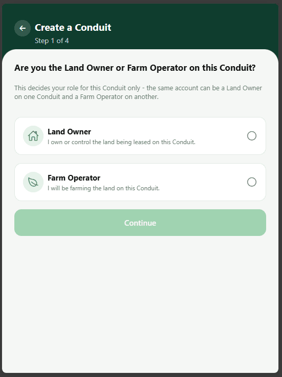 Create a Conduit, Step 1 of 4: choosing Land Owner or Farm Operator