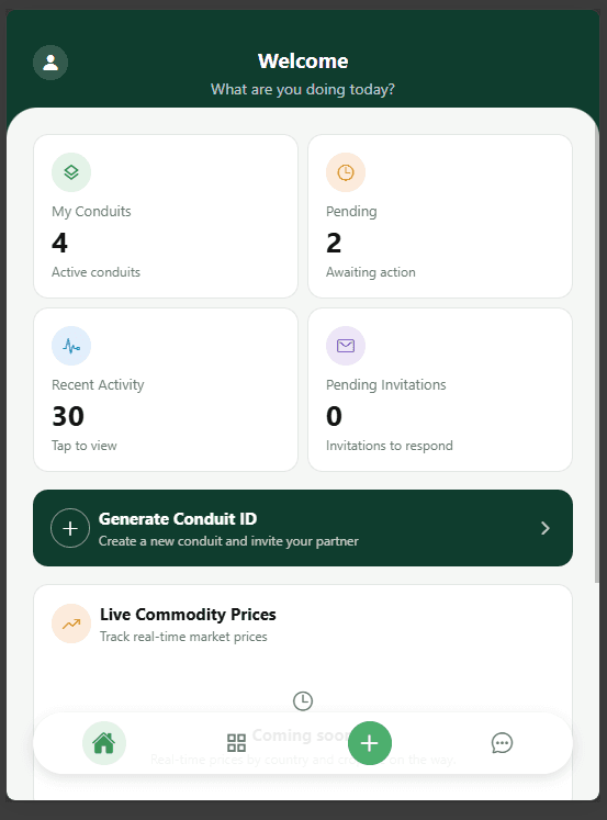The AgroLease home screen - My Conduits, Pending, Recent Activity, and Generate Conduit ID